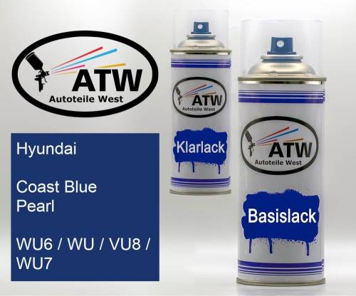 Hyundai, Coast Blue Pearl, WU6 / WU / VU8 / WU7: 400ml Sprühdose + 400ml Klarlack - Set, von ATW Autoteile West.